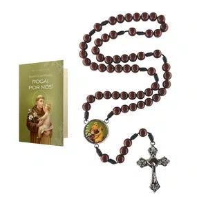 Terço com Folheto de Santo Antônio de Pádua Pérola Marrom Escuro 8mm