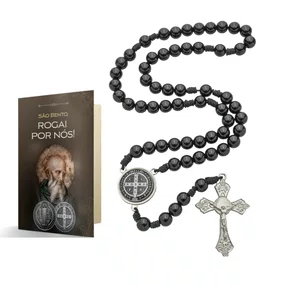 Terço com Folheto de São Bento - Pérola Preto 8mm