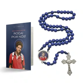 Terço com Folheto de São Carlo Acutis - Pérola Azul Marinho 8mm