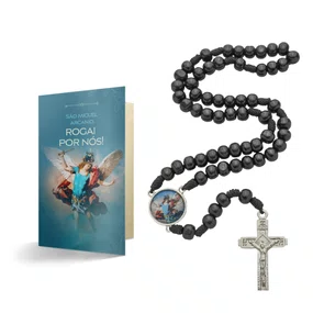 Terço com Folheto de São Miguel - Madeira Preto 8mm