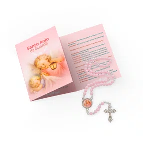Terço com Folheto do Anjo da Guarda - Pérola Rosa