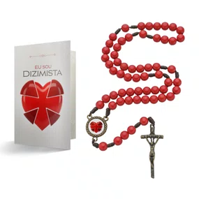 Terço com Folheto do Dizimista - Pérola Vermelho 8mm