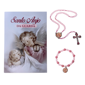Terço com Folheto e Pulseira do Santo Anjo da Guarda Rosa - Infantil