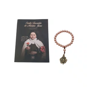 Coroa com Folheto Novena das Rosas de Santa Teresinha Pérola ABS Rosegold 8mm