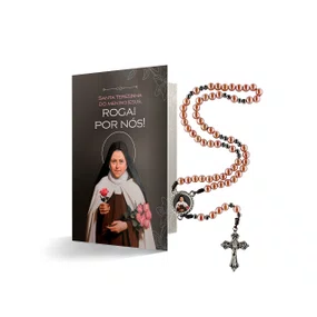 Terço com Folheto Santa Teresinha - Pérola Rosegold 6mm
