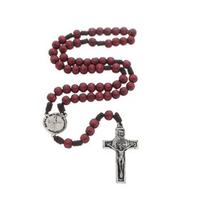 Terço com Medalha Das Duas Cruzes - Madeira - Vermelho