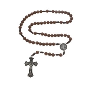Terço da Medalha de São Bento com Conta Pérola Brilhante - Marrom Escuro