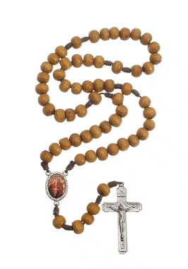 Terço da Sagrada Família com Contas de Madeira - Marrom Claro