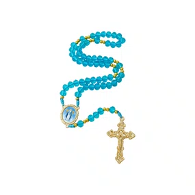 Terço de Cristal Azul Entremeio Dourado Nossa Senhora Das Graças