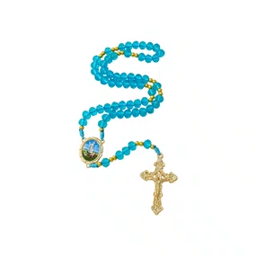 Terço Nossa Senhora de Fátima de Cristal Azul Entremeio Resinado Dourado - 8mm