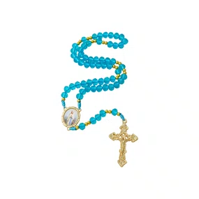 Terço de Cristal Azul Entremeio Dourado Nossa Senhora de Lourdes