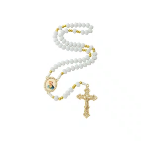 Terço de Cristal Branco Entremeio Dourado Imaculado Coração de Maria