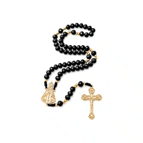 Terço de Cristal Nossa Senhora Aparecida Dourado Vazado Preto