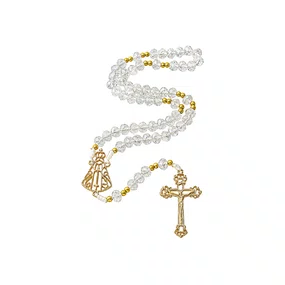 Terço de Cristal Nossa Senhora Aparecida Dourado Vazado Transparente