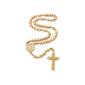 Terço de Cristal São Bento Dourado Doce de Leite