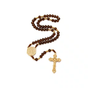 Terço de Cristal São Bento Dourado Marrom