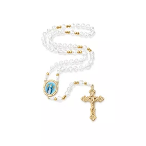 Terço Nossa Senhora Das Graças de Cristal Transparente Entremeio Dourado - 8mm
