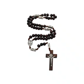 Terço de Nossa Senhora Das Graças da Contemplação Dos Mistérios Entremeio Metal e Contas Madeira Marrom Escuro 10mm