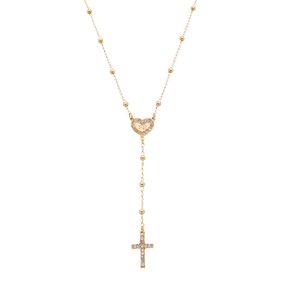 Terço de Pescoço com Coração "Fé" e Cruz em Strass - Folheado