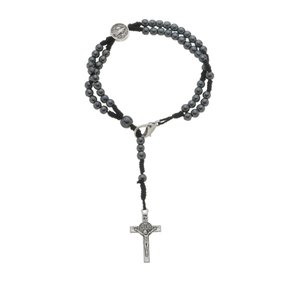 Terço de Pulso Masculino da Medalha de São Bento em Metal Prata - Hematita