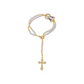Terço de Pulso de Nossa Senhora Aparecida Dourada e Cruz Metal - Pérola Branca 4mm