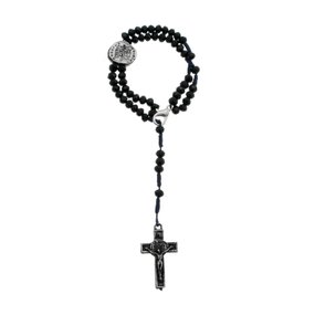 Kit Terço de Pulso com Medalha das Duas Cruzes Cristal Preto - 2Un