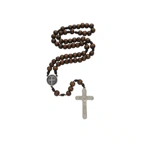 Terço Intercessor de São Bento com Contas de Madeira - Marrom Escuro