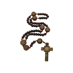 Terço Intercessor de São Bento Pai Nosso 20mm e Contas Madeira Marrom Escuro 10mm