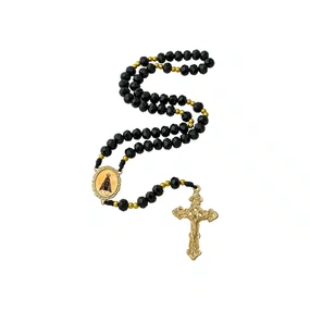 Terço Nossa Senhora Aparecida de Cristal Preto Entremeio Dourado - 8mm