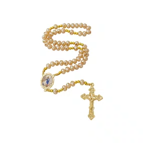 Terço Nossa Senhora da Conceição de Cristal Doce de Leite Entremeio Dourado - 8mm