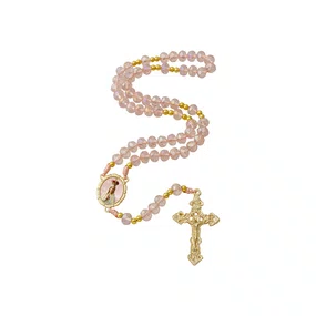 Terço Nossa Senhora de Fátima de Cristal Rosa Entremeio Dourado - 8mm
