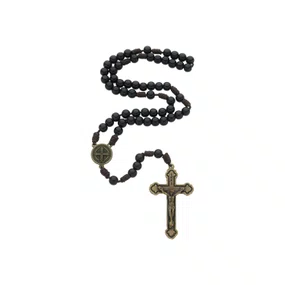 Terço São Bento Pérola - Preto 6mm Cruz Com Cristo Ouro Velho