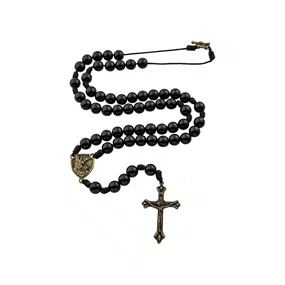 Terço São Miguel de Pescoço de Pérola Preta 10mm - Ouro Velho