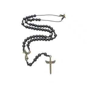 Terço São Miguel de Pescoço de Pérola Preta 8mm