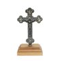 Pedestal com Crucifixo de Metal e Base em Madeira - Ouro Velho - 9,5cm