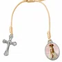 Pulseira  Nossa Senhora de Fátima de Cristal Doce de Leite com Cruz e Medalha Resinada - 8mm
