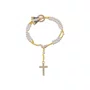 Terço de Pulso de Nossa Senhora Aparecida Dourada e Cruz Strass - Pérola Branca 4mm